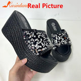 Wedge High Heeled Women Sandals New Arrived 2023 Bling Sequin Lady Slipper Peep Toe Comfort Walk Causal Sandals Plus