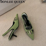 Spring New Brand Pointed Toe Slingback Shoes Thin Heels Shallow Slip On Ladies Elegant Sandals Green Pumps For Dress