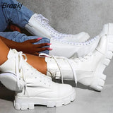 Women New Pocket Boots Lace Up Ladies Anklef Female Buckle Strap Black Booties Chunky Platform Rubber Colored Sole Shoes