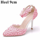 Queen Women Lace High Heels Banquet Wedding Shoes Bridal Sandals Pointed Sweet Wild Single Pumps Large