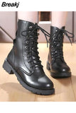 Women's Shoes Mid Calf Boots Block Heels Ladies PU Leather Lace Up Cool Motorcycle Boots Comfortable Female Autumn Footwear