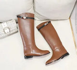 New Women Motorcycle Booties Belt Strap Metal Shark Lock Flat Heel Knee High Boots Woman Shoes Genuine Leather Botas