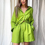 Two Piece Set Casual Long Sleeve Turn-down Collar Cotton Linen Loose Blouse Shirts And High Waist Shorts Retro