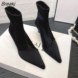 Winter Women Socks Boots Fashion Ladies Thin High Heel Pointed Toe Elastic Ankle Boots Slip On Female Short