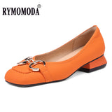 Womens Low Heel Pumps 2022 Luxury Cow Genuine Leather Square Toe Metal Decor Elegant Handmade Flat Shoes Big Size 41