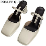 New Designer Heels Women Slippers Square Toe Slip On Mules Ladies Summer Casual Thick Heels Outdoor Slides Female