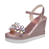 Female Fashion Flower Open Toe Sandals Dress Silver Sandals Women Rhinestone Wedges Platform Party Shoes