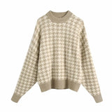 Houndstooth Knitting Loose Sweater Casual Femme O-Neck Long Sleeve Pullover High Street Lady Tops