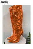 Women's High Boots Gold Silver Pointed Toe Knee-high Boots For Woman Sexy High Heels Party Shoes Ladies Stiletto