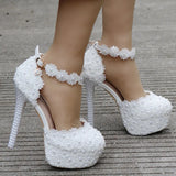 Breakj Cm White Lace Wedding Shoes Fine Heel Round Head Waterproof Shoes Large Size White Wedding Shoes