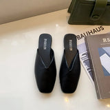 Women Mules 2023 Summer Elegant Square Closed Toe Flat Slippers Female Shoes Casual Leather Black White Slides Plus Size