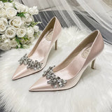 white Champagne Women Bridal Wedding Shoes Faux Silk Satin Rhinestone Crystal Shallow Pumps Stiletto High