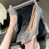 2024 Bling Silver Sequins Pumps for Women Rhinestone Party Wedding High Heels Shoes Woman Pointed Toe Thin Heel