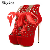 New Style Platform Hollow Open Toe Zipper Women Sandals Summer Super Thin High Heel Red Wedding Party