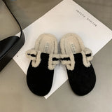 New Women Artificial Fur Closed Toe Slipper Autumn Winter Casual Warm Outside Vintage Soft Plush Slides