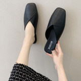 Women Mules 2023 Summer Elegant Square Closed Toe Flat Slippers Female Shoes Casual Leather Black White Slides Plus Size