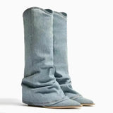 New Blue Denim Knee High Boots Women Pointed Toe Thick Heels Western Boots Woman Pleated Pull-On Long Cowboy Botas