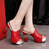 Ladies Leather Sole Slippers Women Sexy High Heel Mules Black Peep Toe Platform Mules Sandals