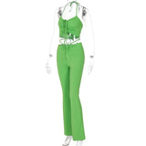 women halter bandage v-neck sleeveless ruched tops sweatpants solid matching set sexy clubwear stretchy skinny