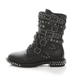 2023 New Winter Women Leather Rivet Buckle Motorcycle Boots Lace Up Gothic Punk Round Toe Platform