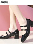 Spring Autumn Women Double Buckle Mary Janes Shoes Patent Leather Dress Shoes High Heels Pumps Retro Ladies Shoe Black