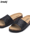 2023 New Summer Bling Sequin Cork Slipper Women Casual Outside Beach Solid Color Flip Flops Slides