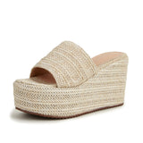 Open Toe Platform Slip On Women's Sandals Straw High Wedges Heeled Summer Shoes Elegant Beach Casual Beige Shoes