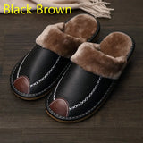 Men Slippers Black New Autumn PU Leather Slippers Warm Indoor Slipper Waterproof Home Shoes Men Warm Leather