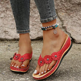 Women 2023 Summer Floral Wedges Flip Flops Pu Sewing Bohovintage Flower Outdoor Slippers Ladies Casual Beach Shoes