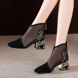 Mesh Sandals Boots Women Mesh Ankle Boot For Summer Mid Heel Rhinestone Ponited Toe Shoes Hollow Out Back Zip