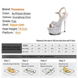 Sequined Slim Heel Women's Shoes Waterproof Platform Peep Toe Sandals Transparent Crystal Sole Sexy Buckle Strap High