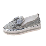 Women Flats Leather Loafers Spring Shoes Woman Crystal Sequins Bow-knot Platform Mesh Slides Moccasins Women size