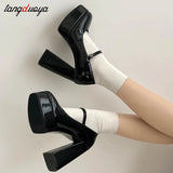 High Heels Mary Jane Shoes Women 2024 Patent Leather Platform Pumps Woman Elegant Solid Office Heels Thick-Heeled
