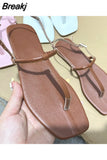New Summer Fashion Ladies Sandals Solid Square Toe Ankle Strap Buckle Simple Flat Women Pinched Toes Shoes Large size