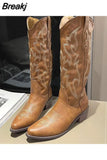 Boots Pointed Toe Mid Calf Boots Autumn Winter 2023 Vintage Style Embroidery Boots Thick Heels Comfy Walking Lady
