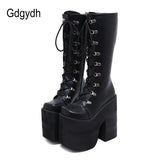 Large Size 43 Thick Platform Extreme High Heels 17cm Cool Motorcycles Boots Punk Style Shoelaces Knee High Boots