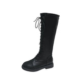 Women's Lace Up Knee High Boots British Pu Leather Thick Bottom Platform Boots Woman Non Slip Motorcycle