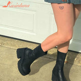 Chunky High Heeled Women Knee High Boots Fashion Cool Round Toe Cute Sweet Heeled Boots Gothic Uniform Dress