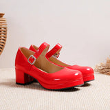 Style Girls Cosplay Mary Jane Shoes Square Heel Spring Autumn Glossy PU Leather Candy Colour Uniform Shoe Plus Size