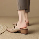 Women Sandals Genuine Leather Shoes for Women Pointed Toe Concise Modern Sandals Chunky Heel Women Mules Solid