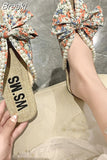 Slipper 2023 Flat Slippers for Women Outdoor Pearl Slipper Linen Insole Broken Flower Bow Sandals Pantuflas Para