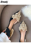 Crown Pearl Flats Women Wedding Shoes Pointed Toe Female Dress Moccasins Low Pearl Heel Ladies Fashion Luxury Style