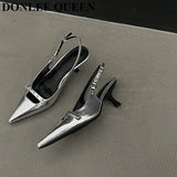 Slingback Sandals Women Med Heels Pumps Rivet Shoes Elegant Pointed Toe Female Mules Dress Slides Denim Sandalias