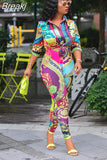 Autumn 2 Piece Sets African Sets For Women Retro Print Loose Long Shirt And Skinny Long Pants Sexy Fall Fashion