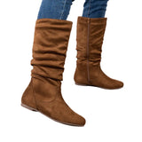 Breakj Mid-Size Boots Women 2024 Autumn And Winter Pure Color Velvet West Knight Boots Round Head Flat And Pile