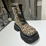Boots for Women Sexy Leopard Lace-up Round Toe Square Heel Platform Boots Retro Trend Shoes Botas Altas Plataforma