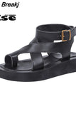 Women Sandals Genuine Leather 2023 Summer New Clip Toe Flats Shoes Gladiator Buckle Strap Muffin Sandals Casual Ladies