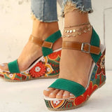 Dropship Platform Wedges Woman Sandals 2023 Summer New Women Floral Pattern Ankle Strap Sandals Fashion Green Wedge