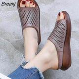 Summer Women Shoes Wedges Slippers Platform Sandals Genuine Leather Handmade Hollow Out Comfortable Women