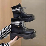 Boots Rock Shoes Woman Round Toe Lace Up Plush Winter Footwear Boots-Women Med Lolita Fur 2023 Autumn Ankle Solid Rome